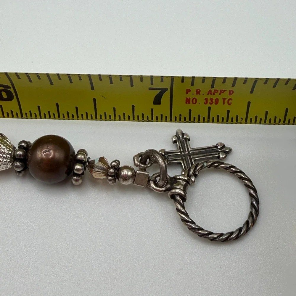 Vintage Style Beaded Cross Toggle Bracelet Cream Pearl Amber Crystal Silver Tone